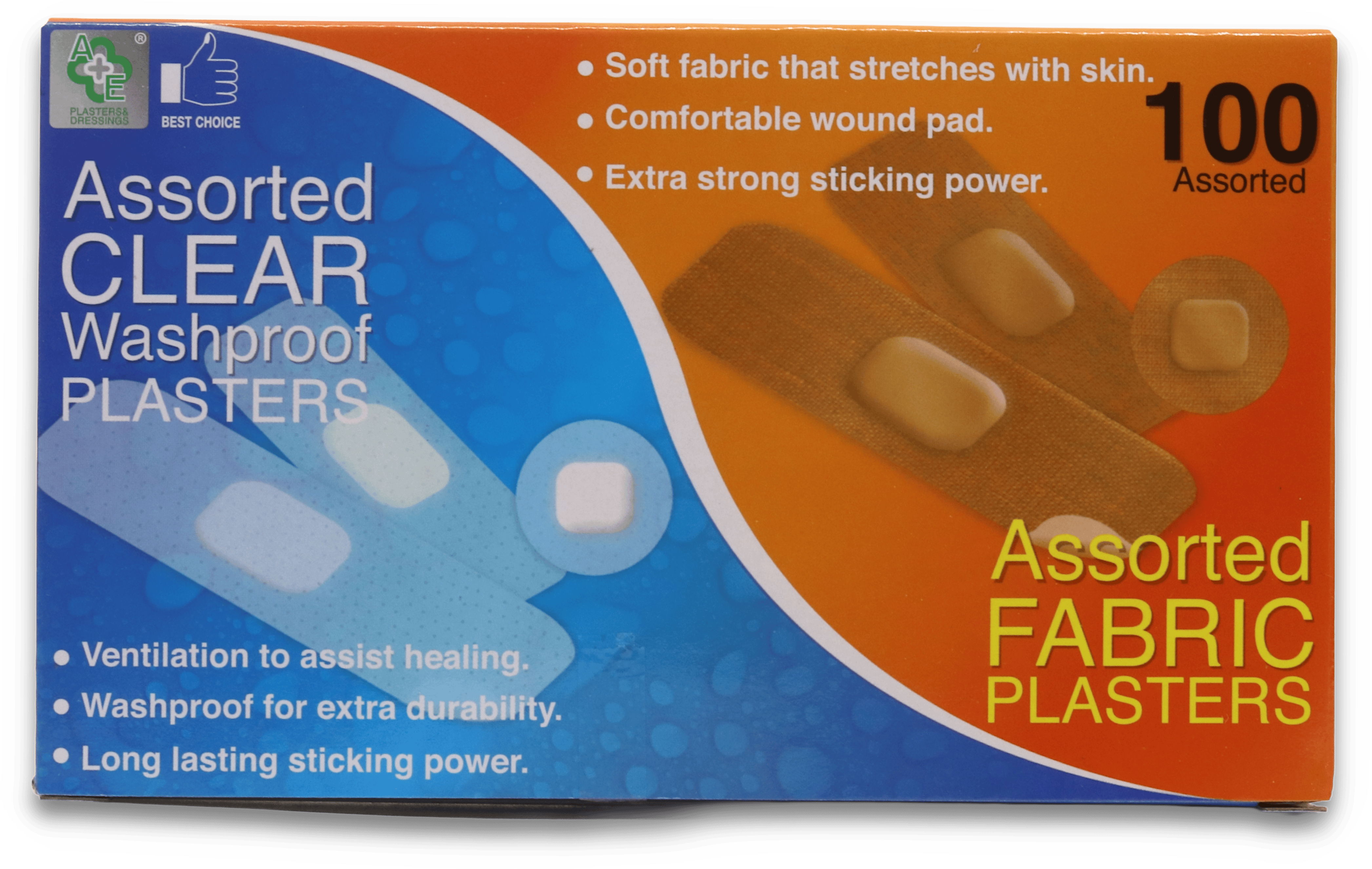 A & E Plasters Clear Wash Proof & Fabric Assorted 100's