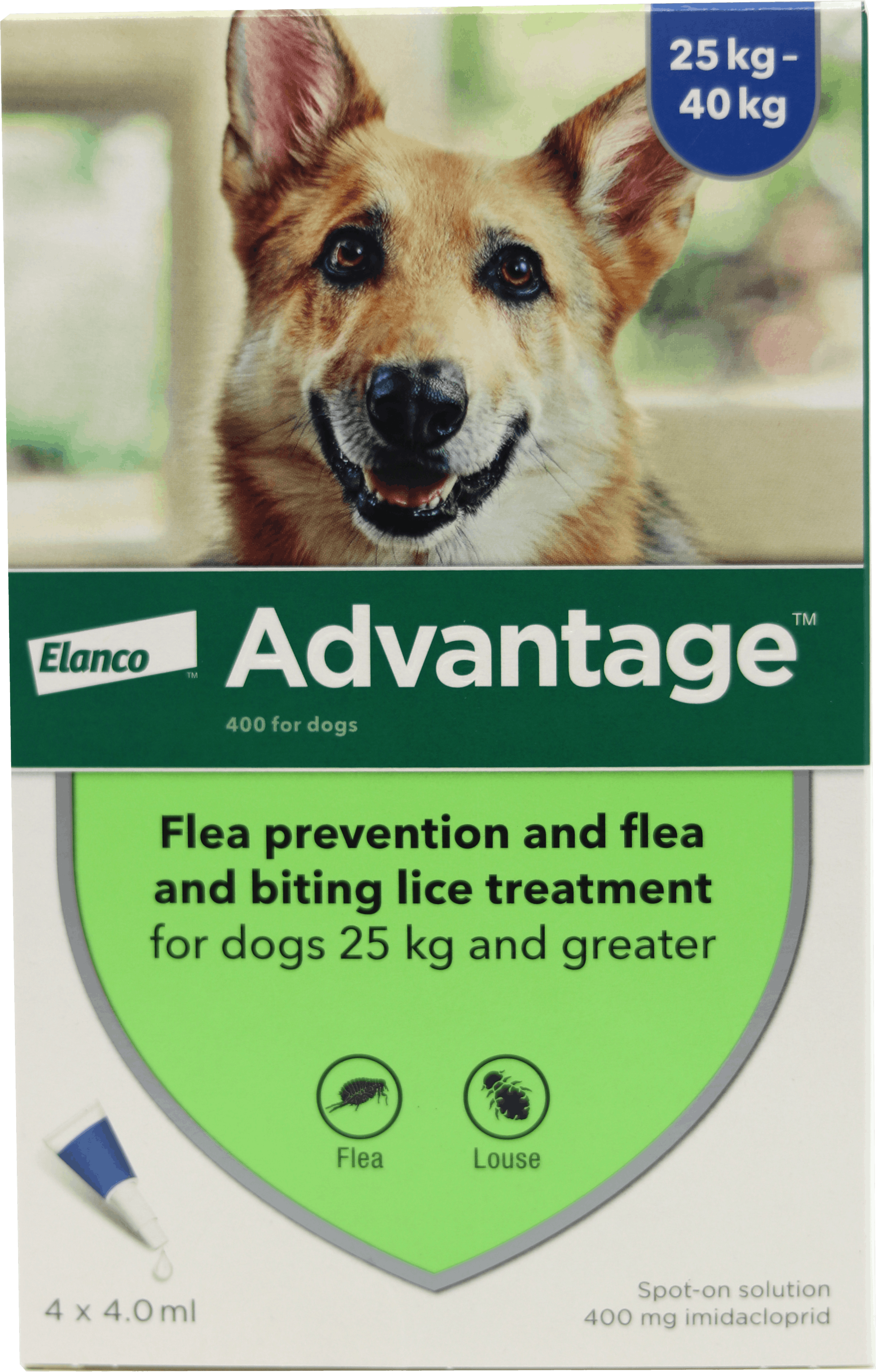 Advantage Spoton Solution for Dogs 25kg and above 4 x 4.0ml medino