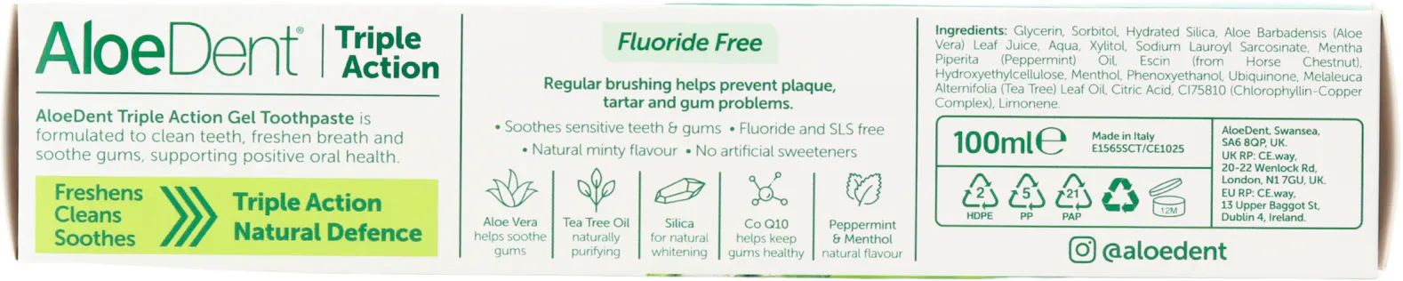 AloeDent Triple Action Gel Toothpaste Fluoride Free 100ml - 2