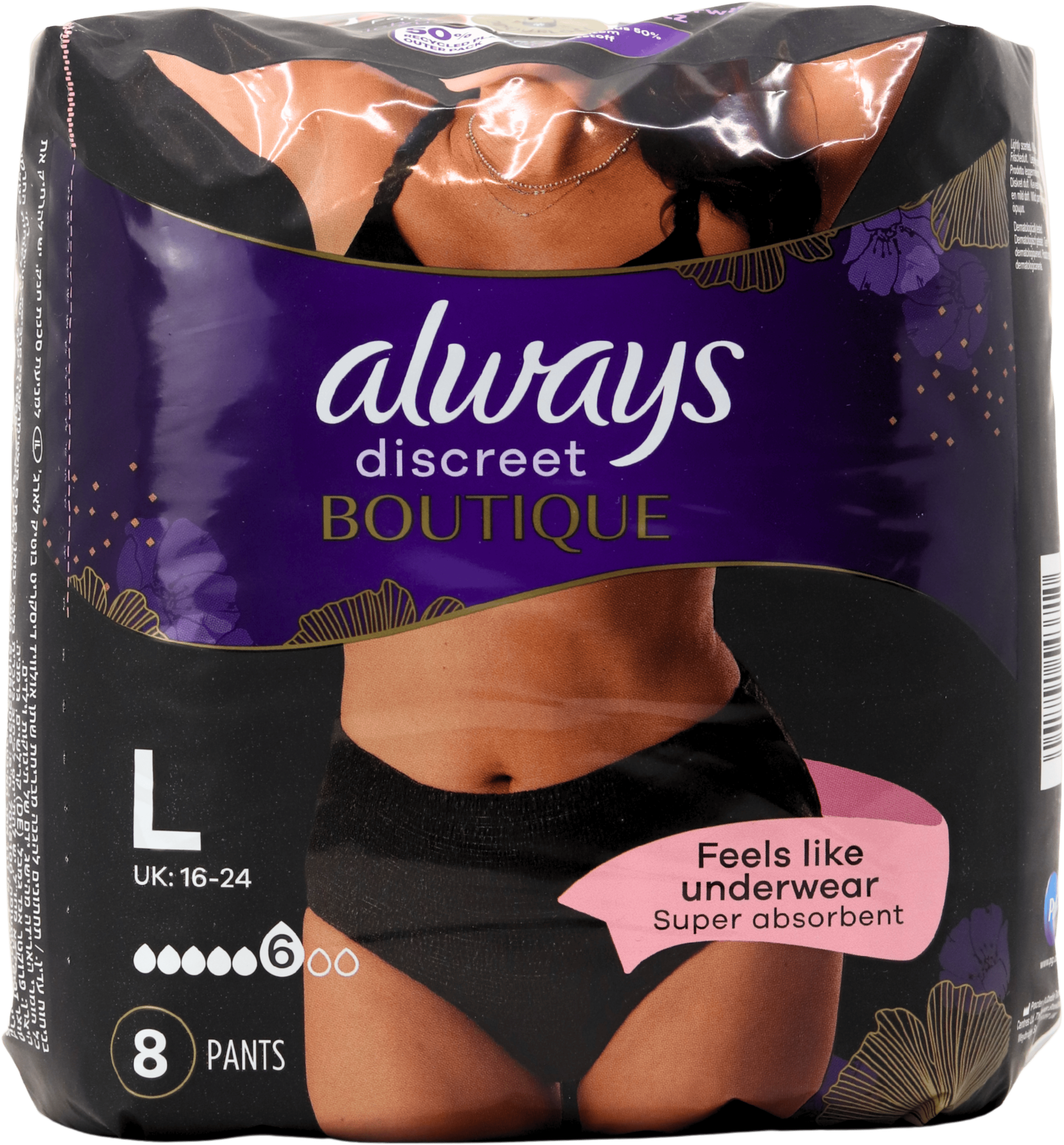 Always Discreet Boutique Pants Black Large 8 Pack