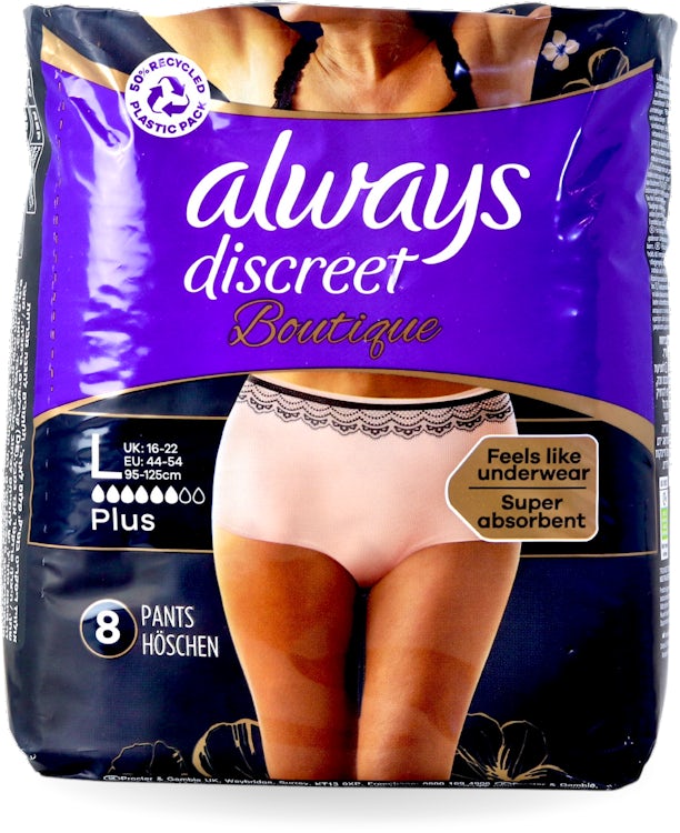Always Discreet Boutique Underwear Incontinence Pants, Plus Large, Purple,  8 Pads : : Health & Personal Care