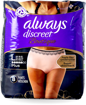 Always Discreet Boutique Incontinence Pants Women, Large Size, Beige, 16  High Absorbency Plus Pants (8 x 2 Packs), Odour Neutraliser, Softness and  Protection, For Sensitive Bladder - ozaroo