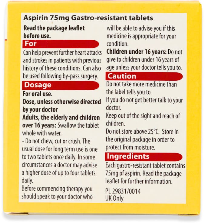 Aspirin 75mg Gastro-Resistant 28 Tablets - 2