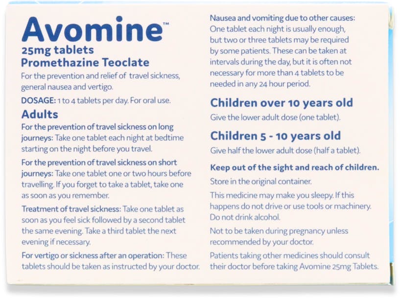 Avomine Travel Sickness Promethazine 25mg 28 Tablets - 2