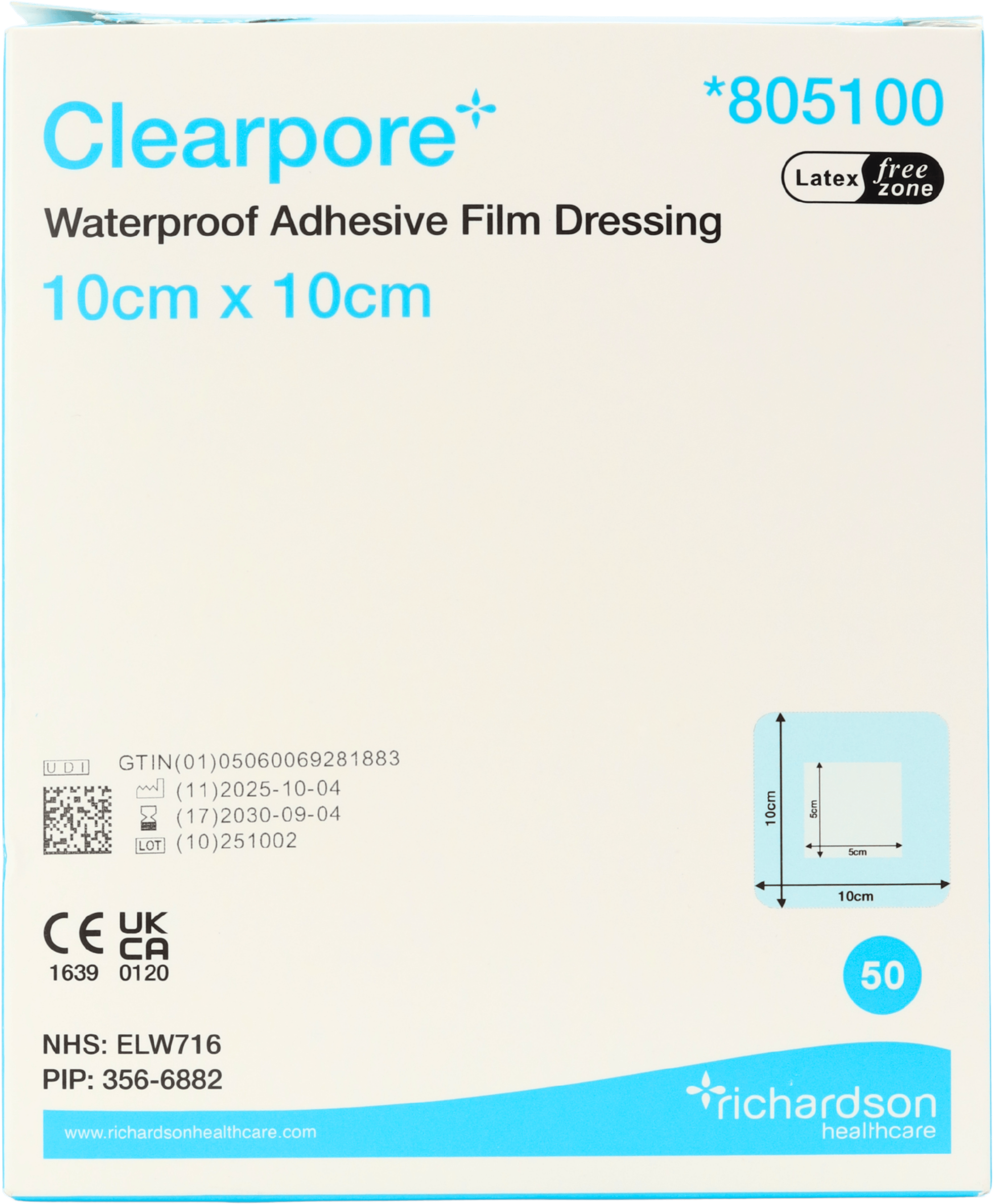 Clearpore Waterproof Adhesive Dressing 10x10cm 50 Pack