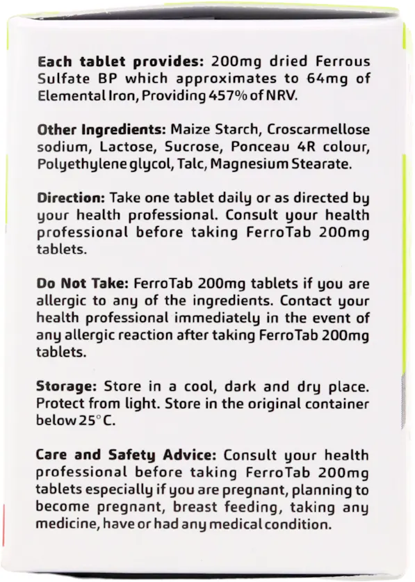 Ferro-Tab Ferrous Sulfate 200mg 100 Tablets - 2