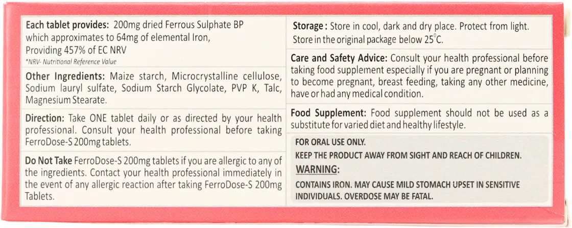 Ferrodose-S Ferrous Sulphate 200mg 28 Tablets - 2