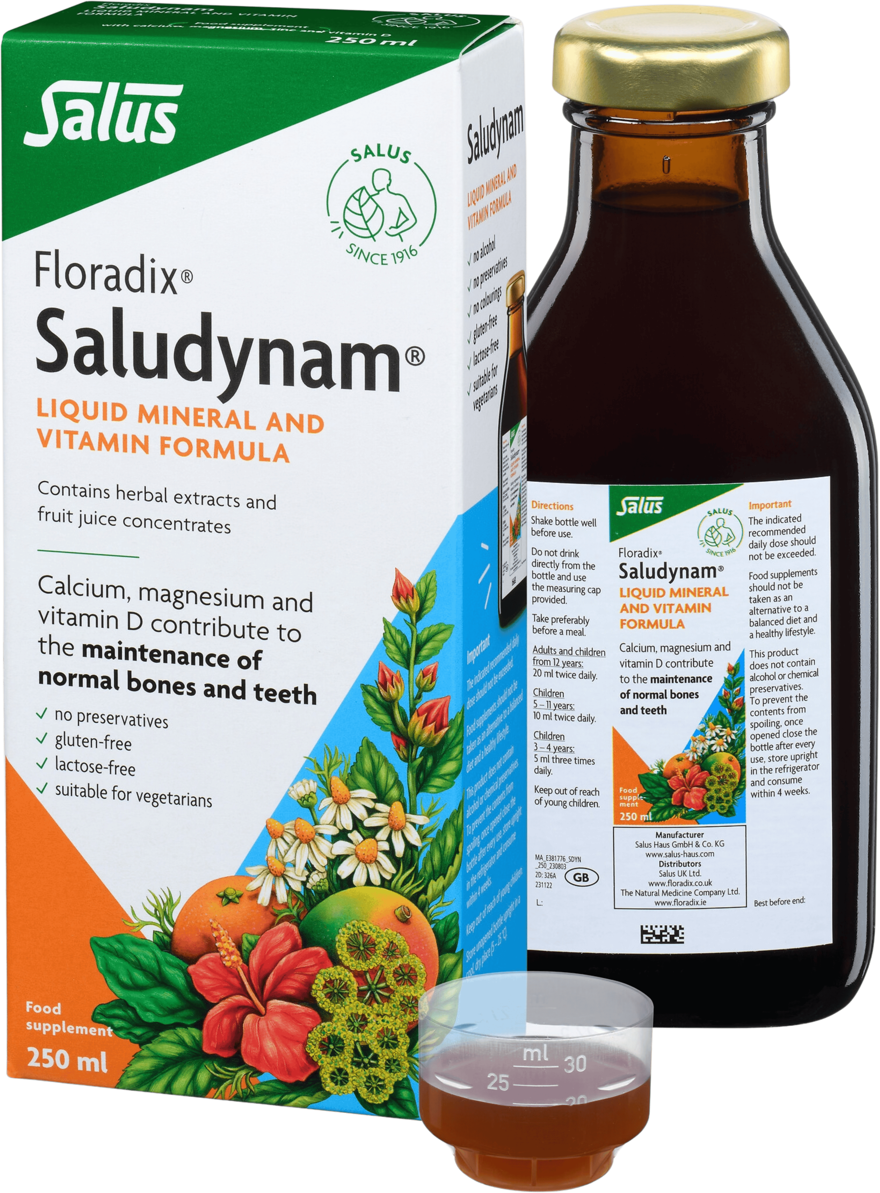Floradix Saludynam Liquid Calcium, Magnesium, Zinc & Vitamin D Formula 250ml