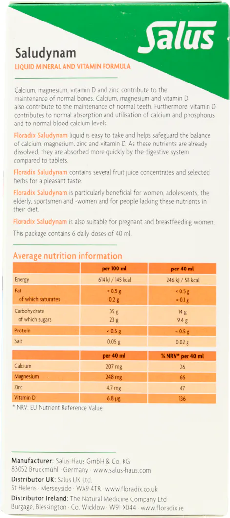 Floradix Saludynam Liquid Calcium, Magnesium, Zinc & Vitamin D Formula 250ml - 3