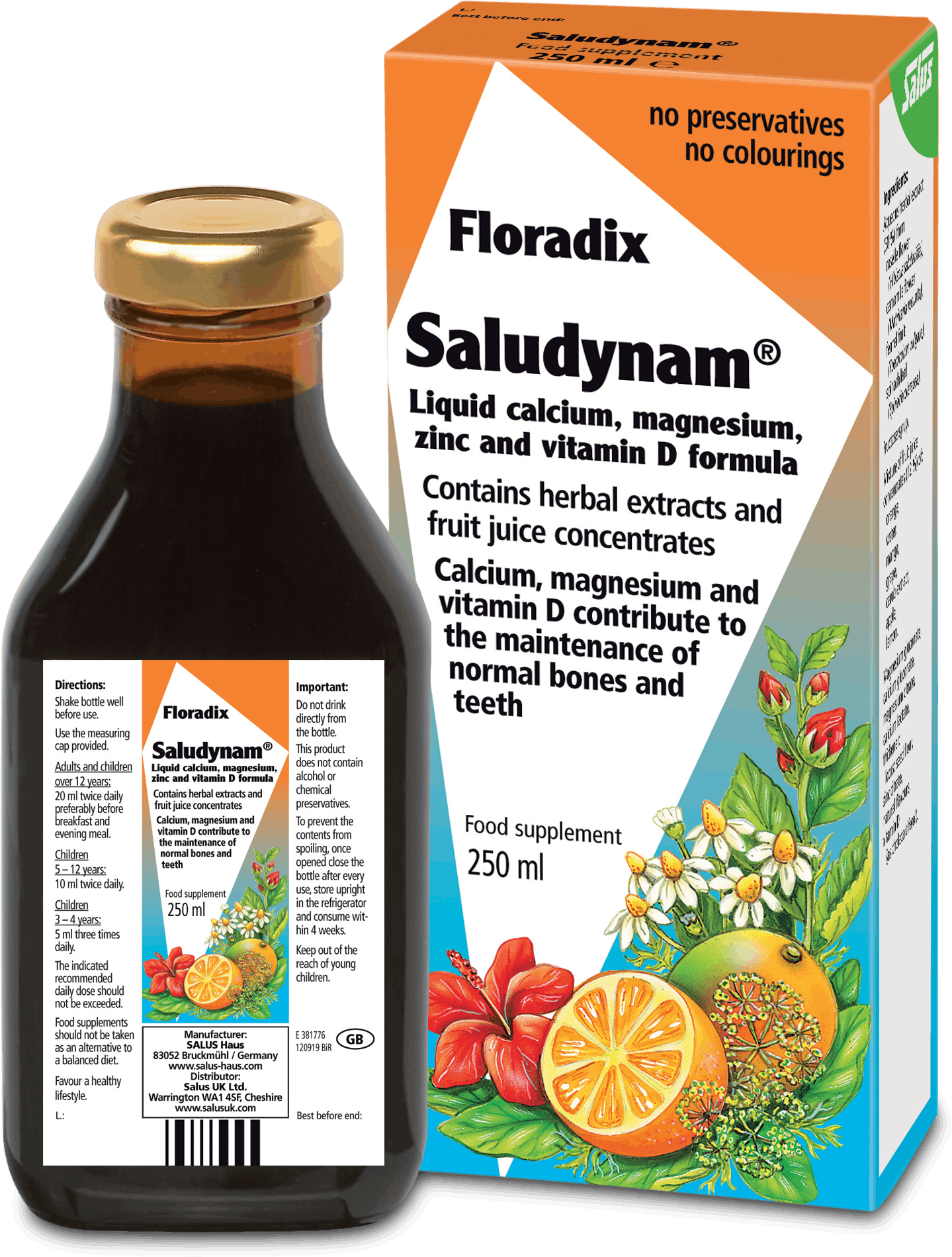 Floradix Saludynam Liquid Calcium, Magnesium, Zinc & Vitamin D Formula 250ml