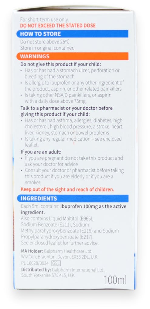 Galpharm Children's Ibuprofen 100mg/5ml Oral Suspension Orange 100ml - 3