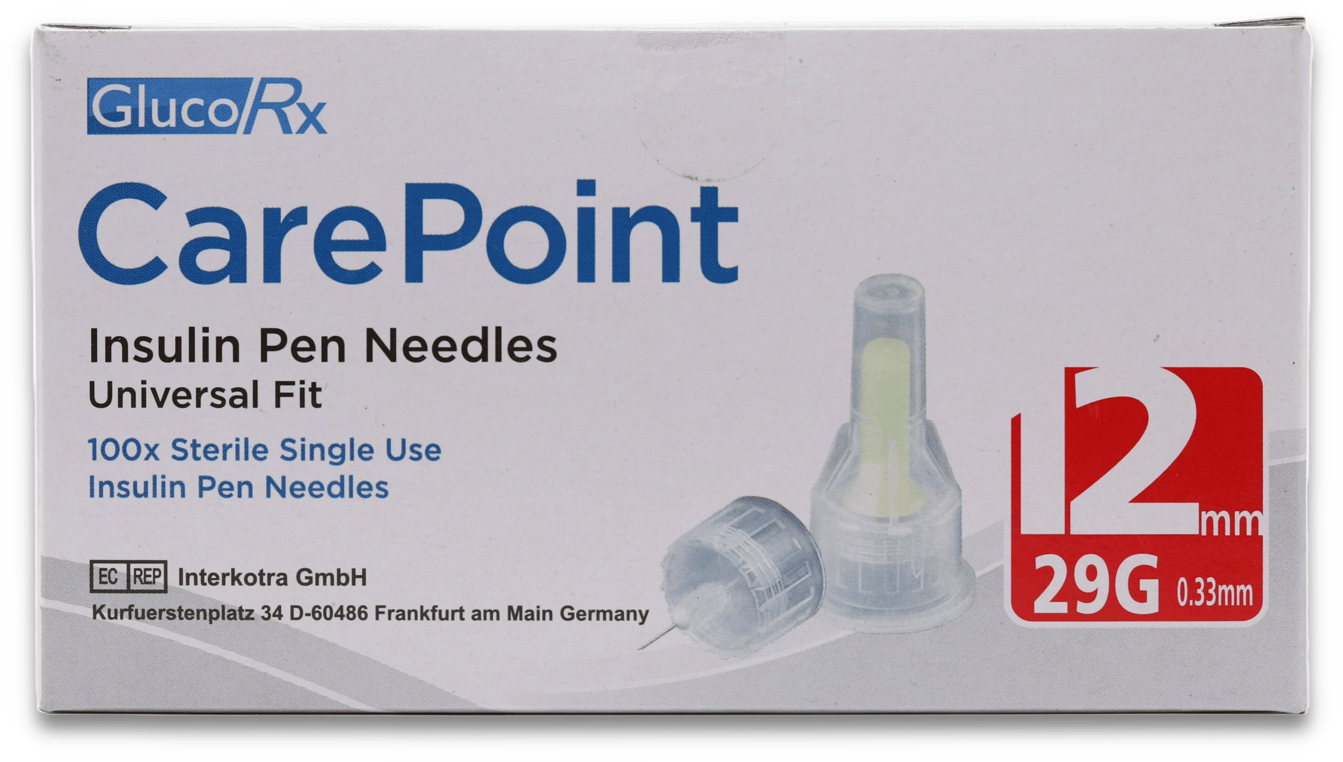 GlucoRx CarePoint Insulin Pen Needles 12mm 29G 100 Pack