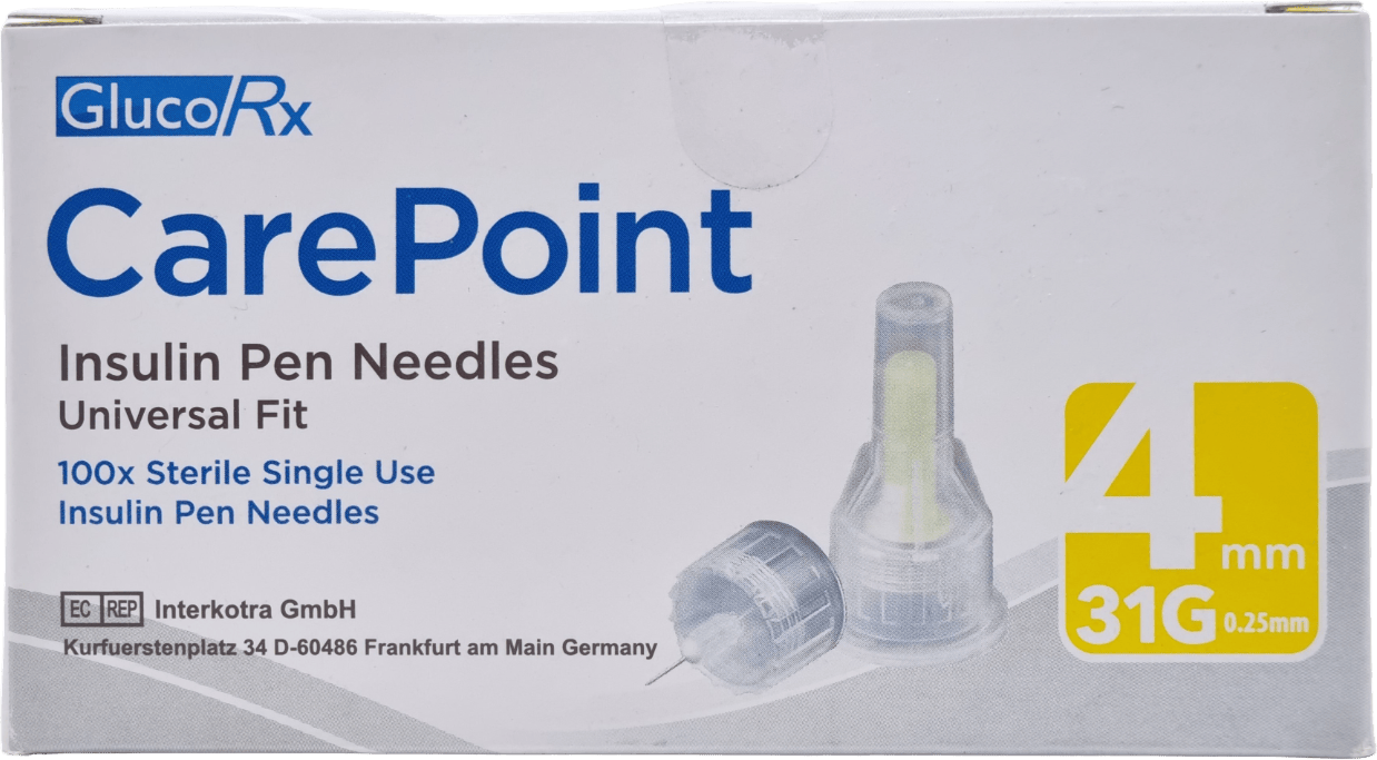 GlucoRx CarePoint Insulin Pen Needles 4mm 31G 100 Pack
