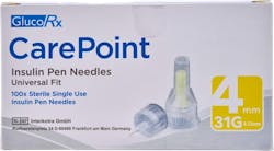 GlucoRx CarePoint Insulin Pen Needles 4mm 31G 100 Pack