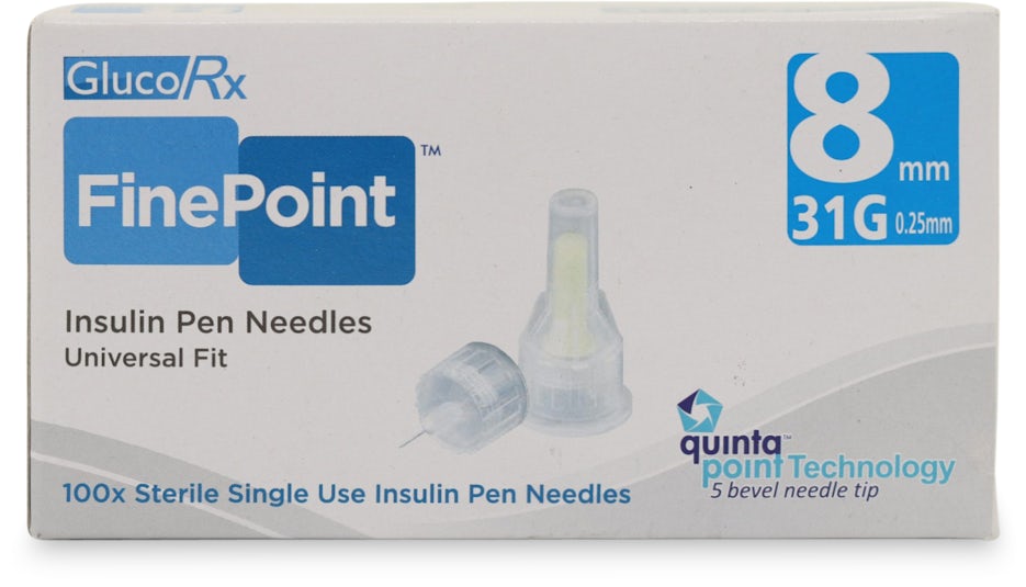 GlucoRx FinePoint Insulin Pen Needles 8mm 31G 100 Pack
