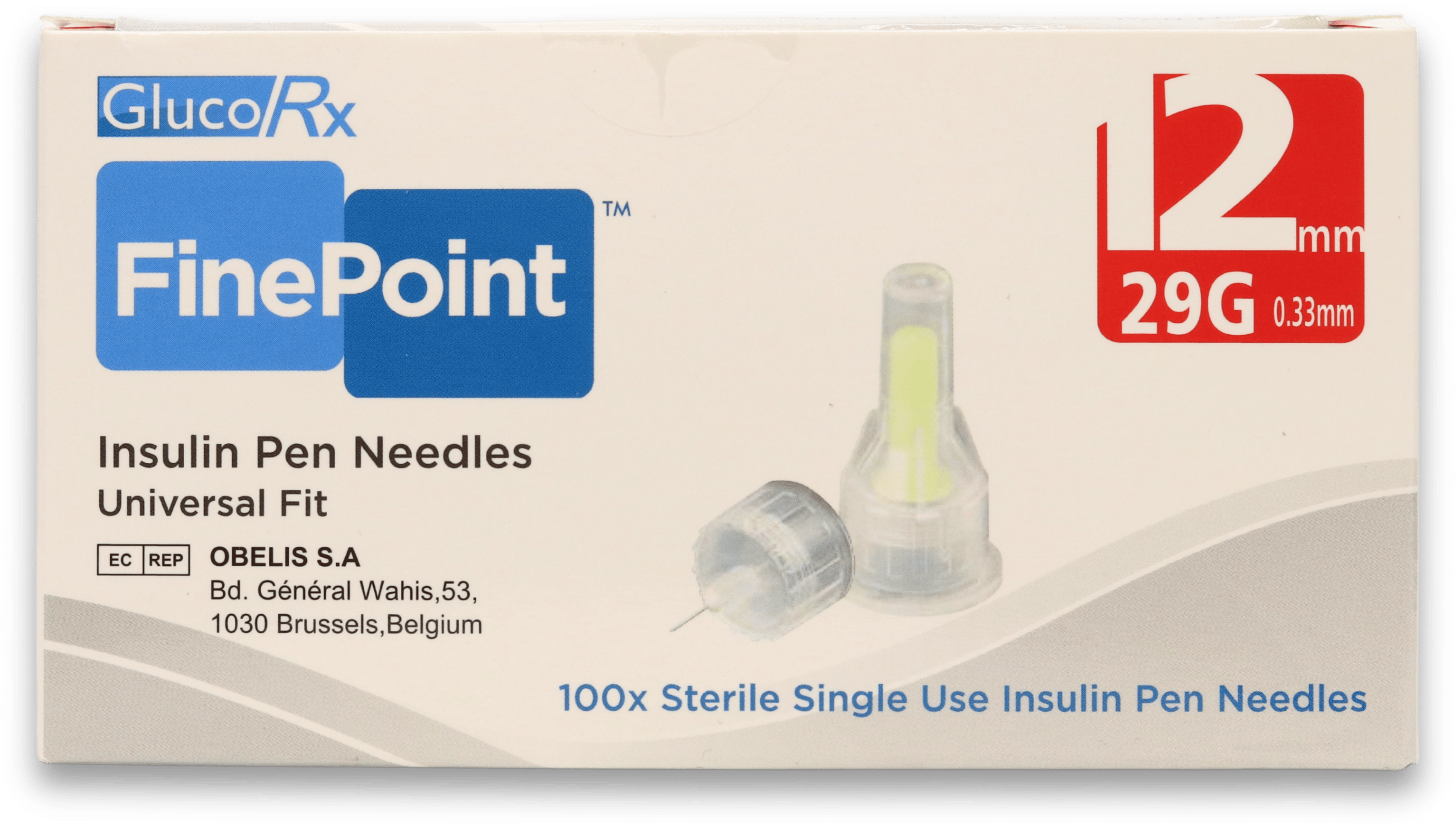 GlucoRx FinePoint Insulin Pen Needles 12mm 100 Pack
