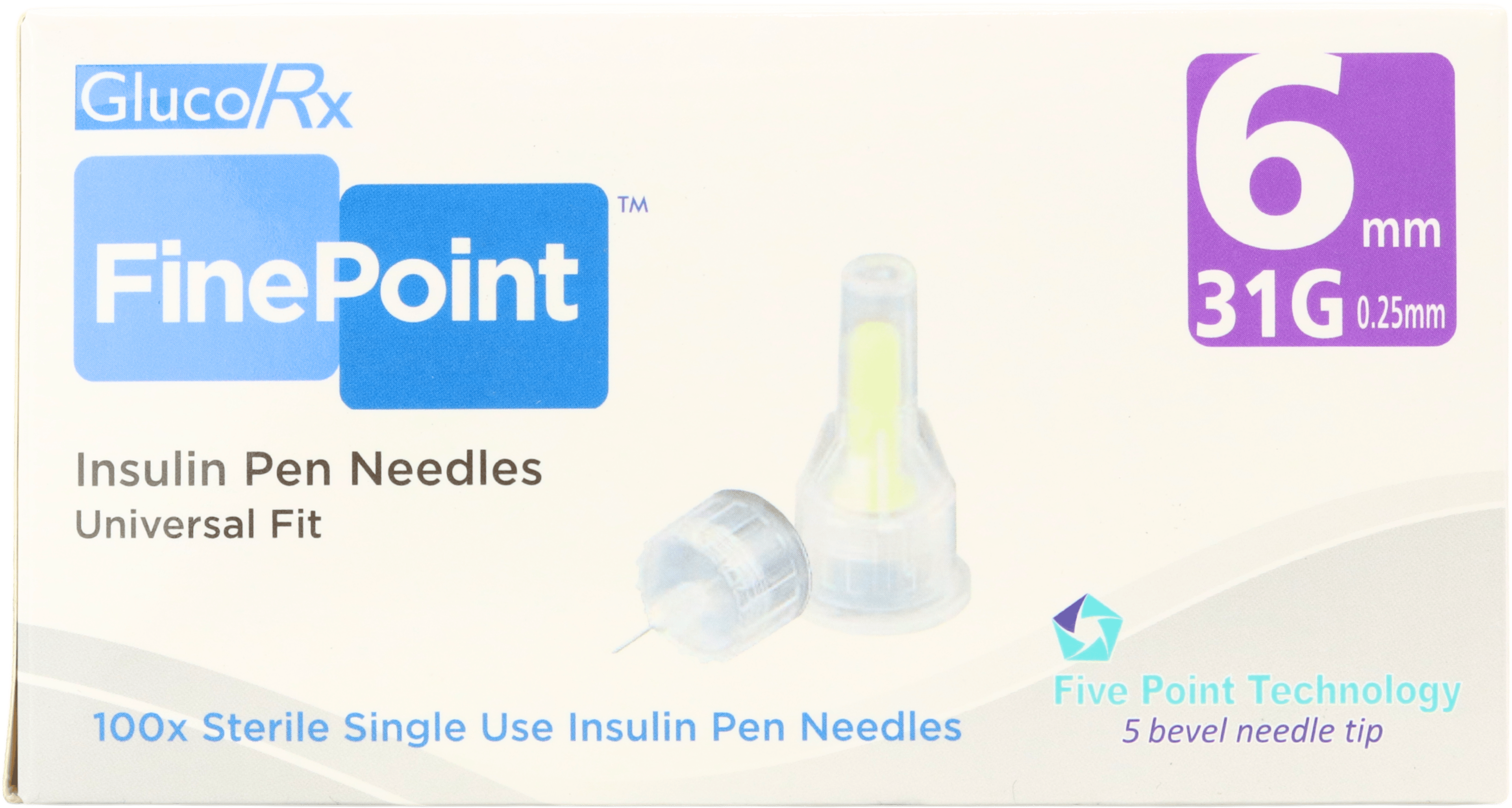 GlucoRx FinePoint Insulin Pen Needles 6mm 31G 100 Pack