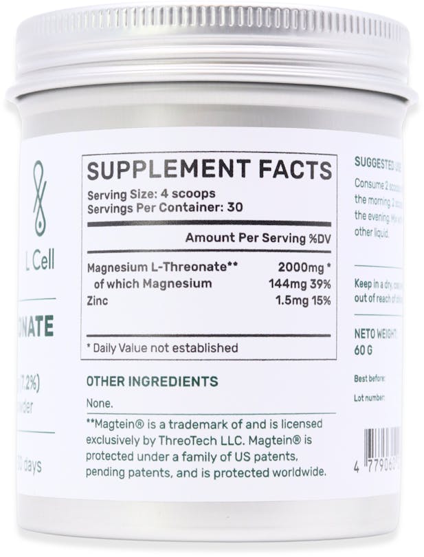 L-Cell Magtein Magnesium L-Threonate + Zinc Powder 60g - 2
