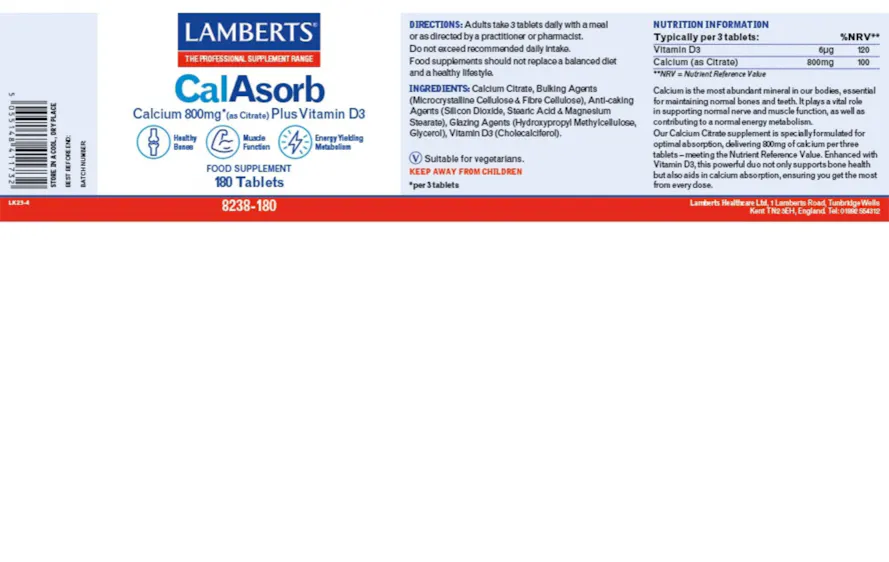 Lamberts Calasorb Calcium 800mg + Vitamin D3 180 Tablets - 2