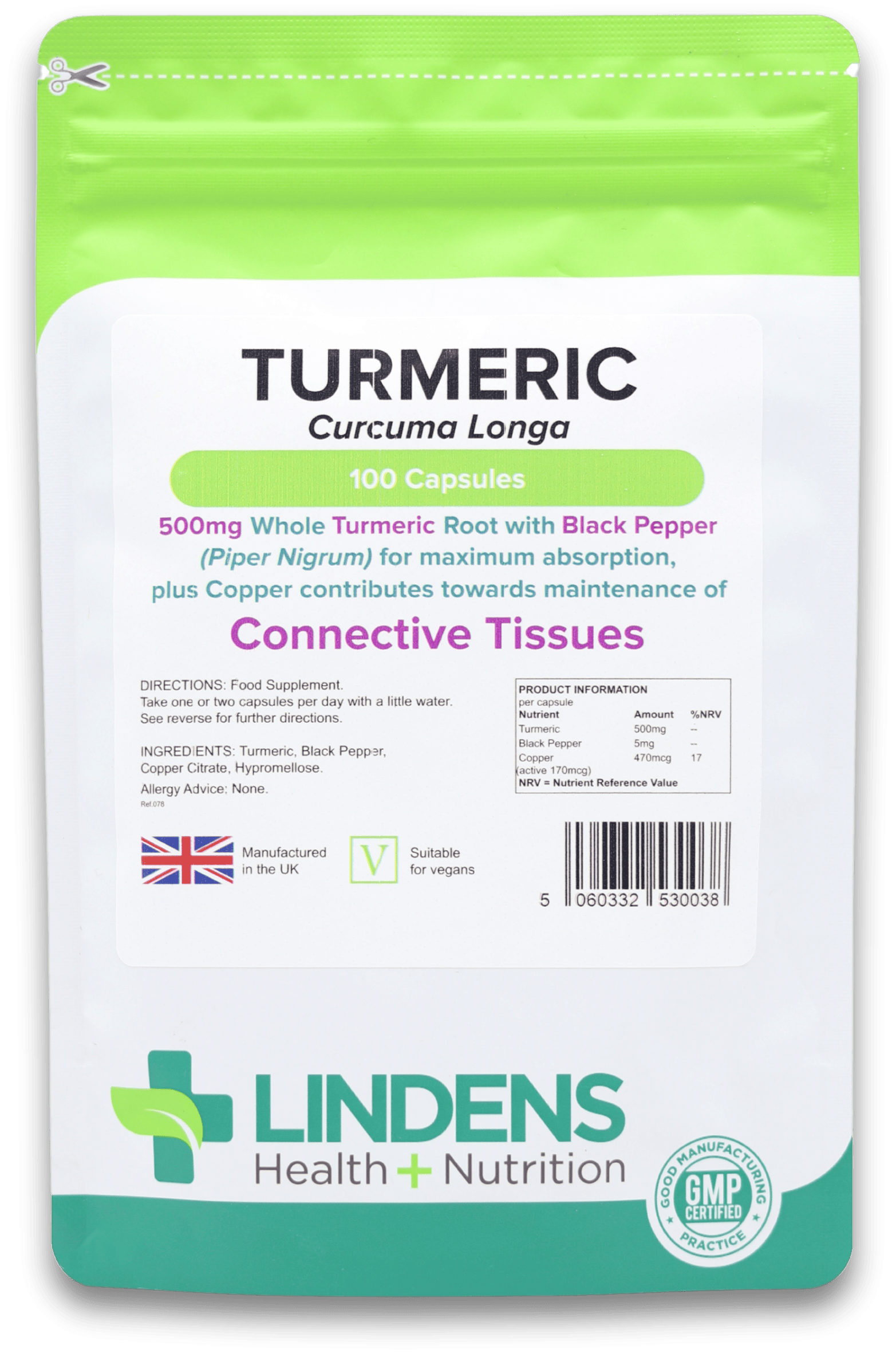 Lindens Health + Nutrition Turmeric 500mg 100 Capsules
