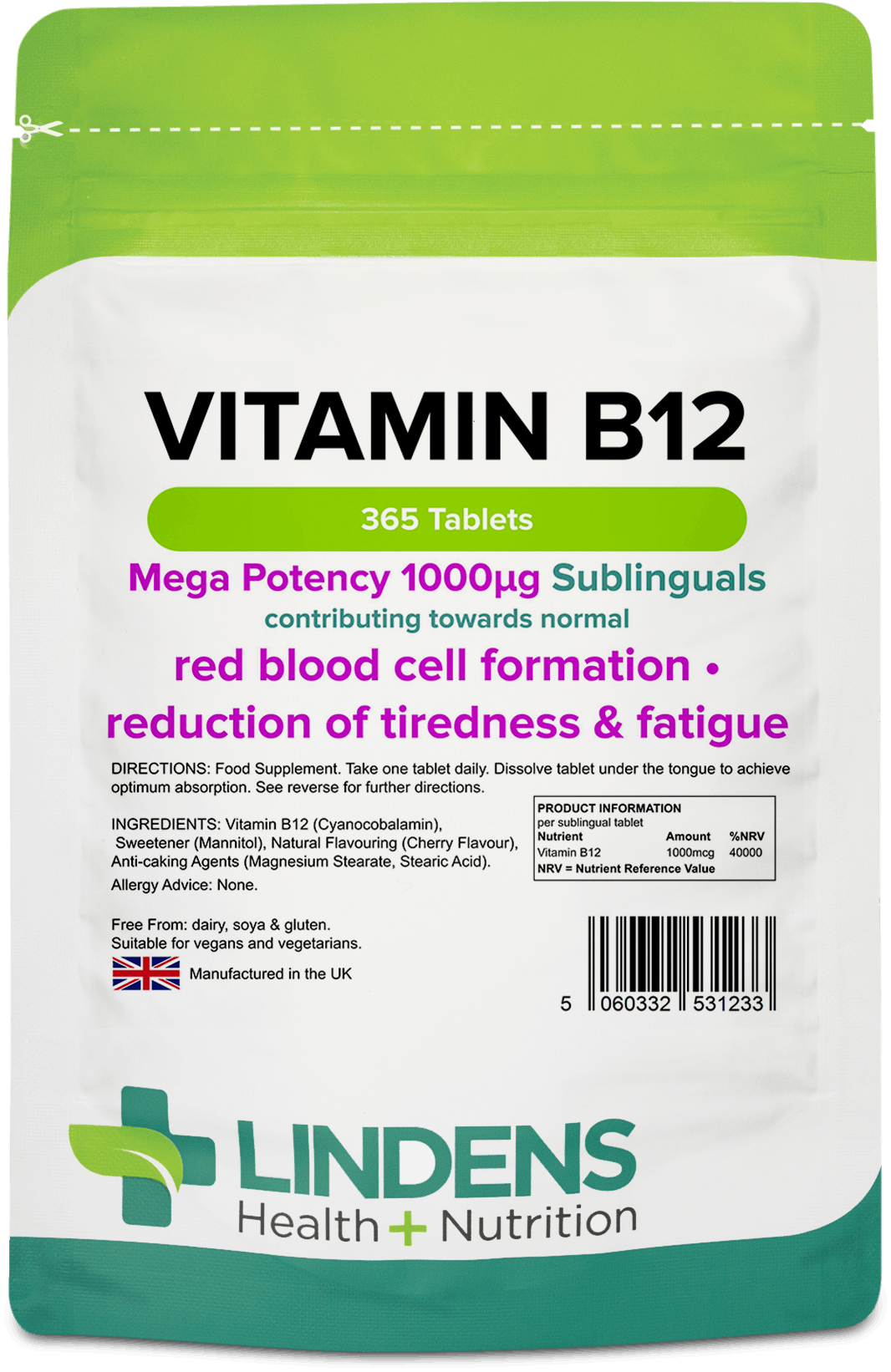 Lindens Health + Nutrition Vitamin B12 1000mcg Sublingual 365 Tablets ...