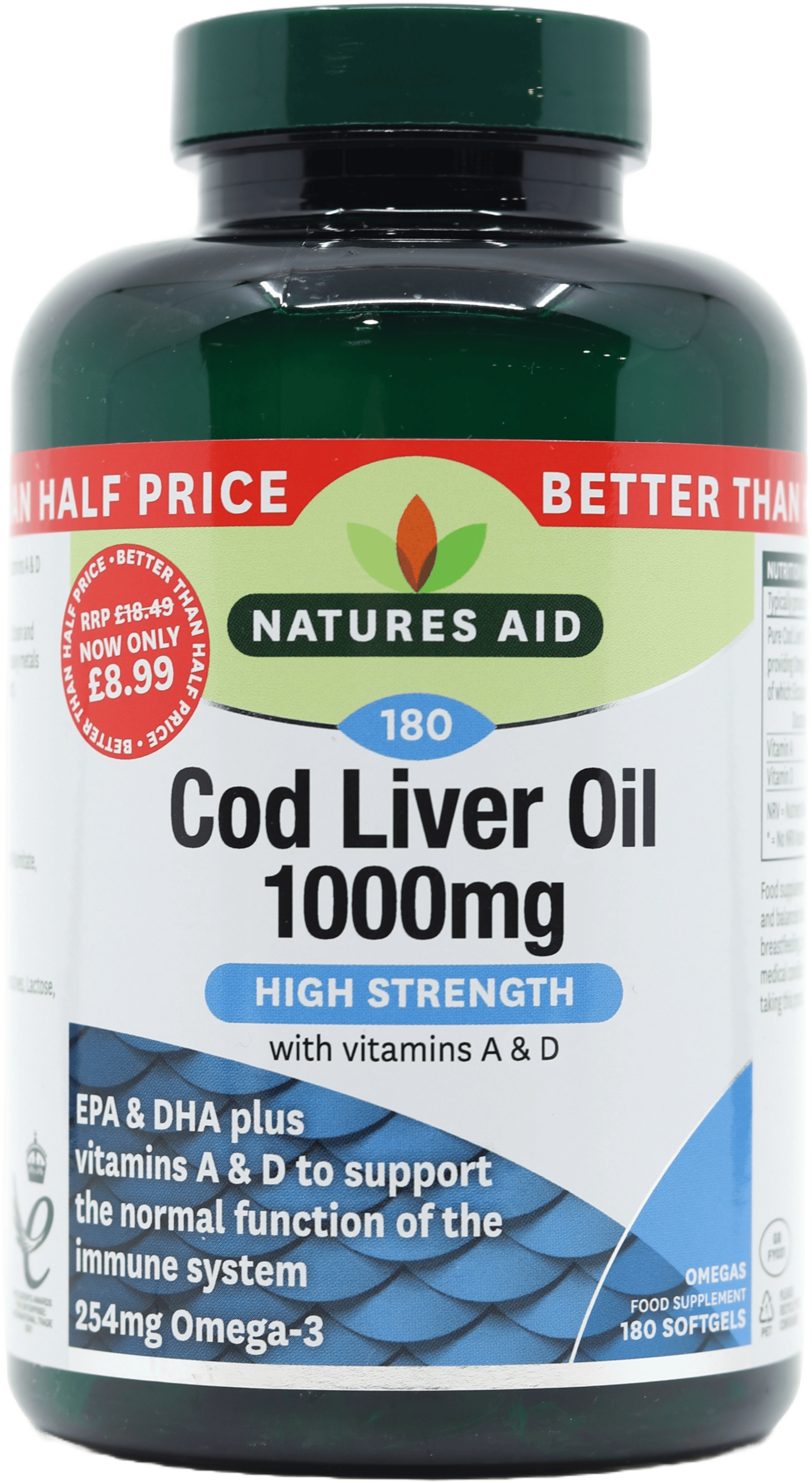 Nature's Aid Cod Liver Oil 1000mg High Strength 180 Softgels