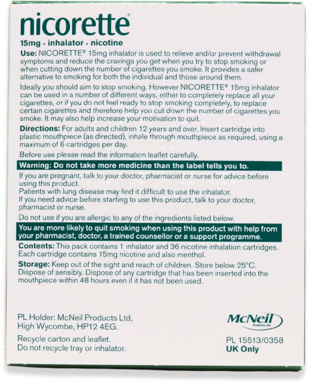 Nicorette Inhalator 15mg 36 Cartridges - 2