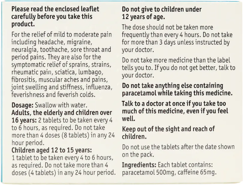 Numark Paracetamol Plus 500mg with Caffeine 16 Tablets - 2