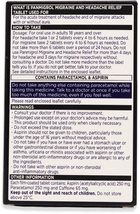 Panmigrol Migraine and Headache Relief 250mg/250mg/65mg 10 Tablets - 2