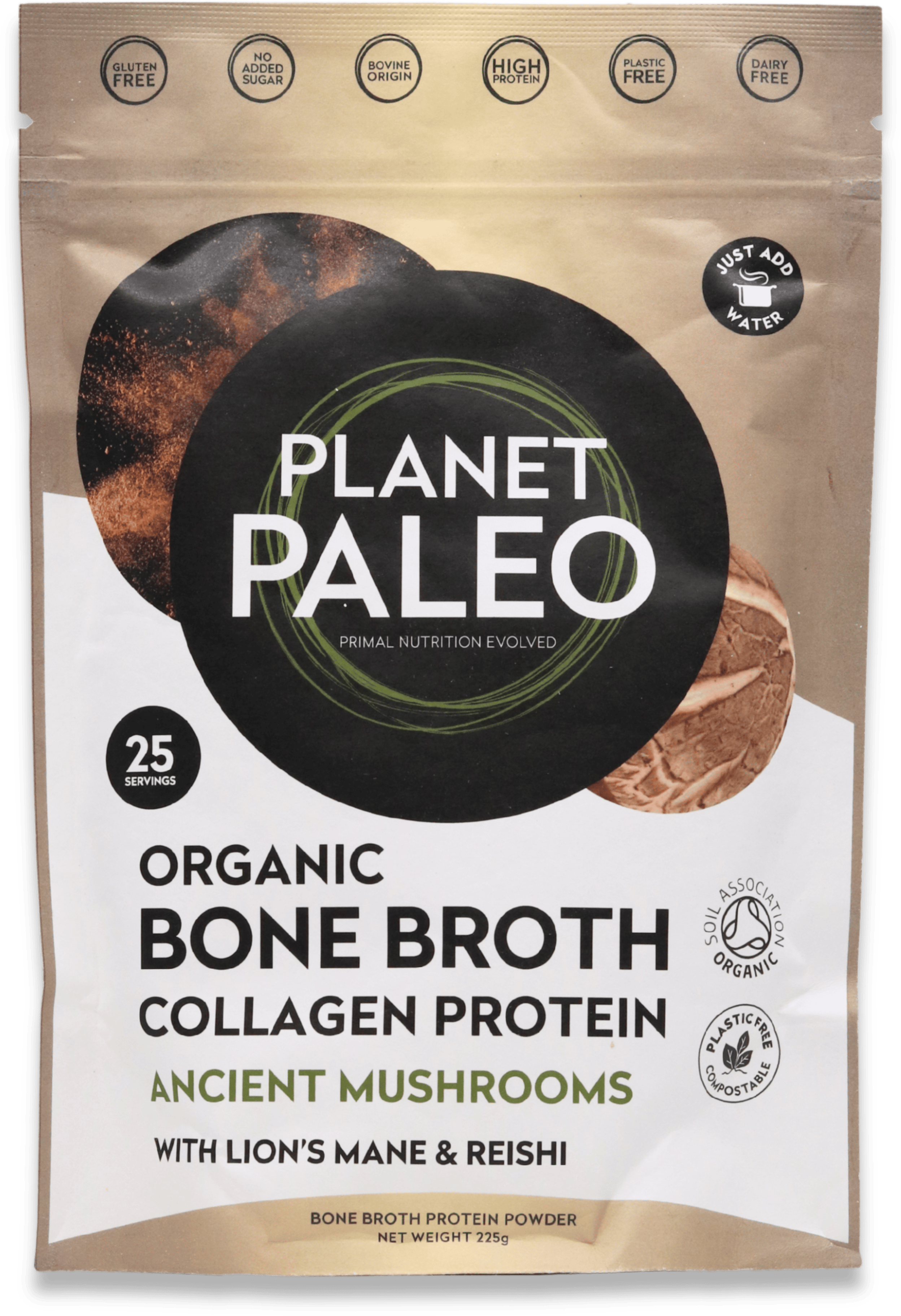 Planet Paleo Organic Bone Broth Collagen Protein - Ancient Mushrooms 225g