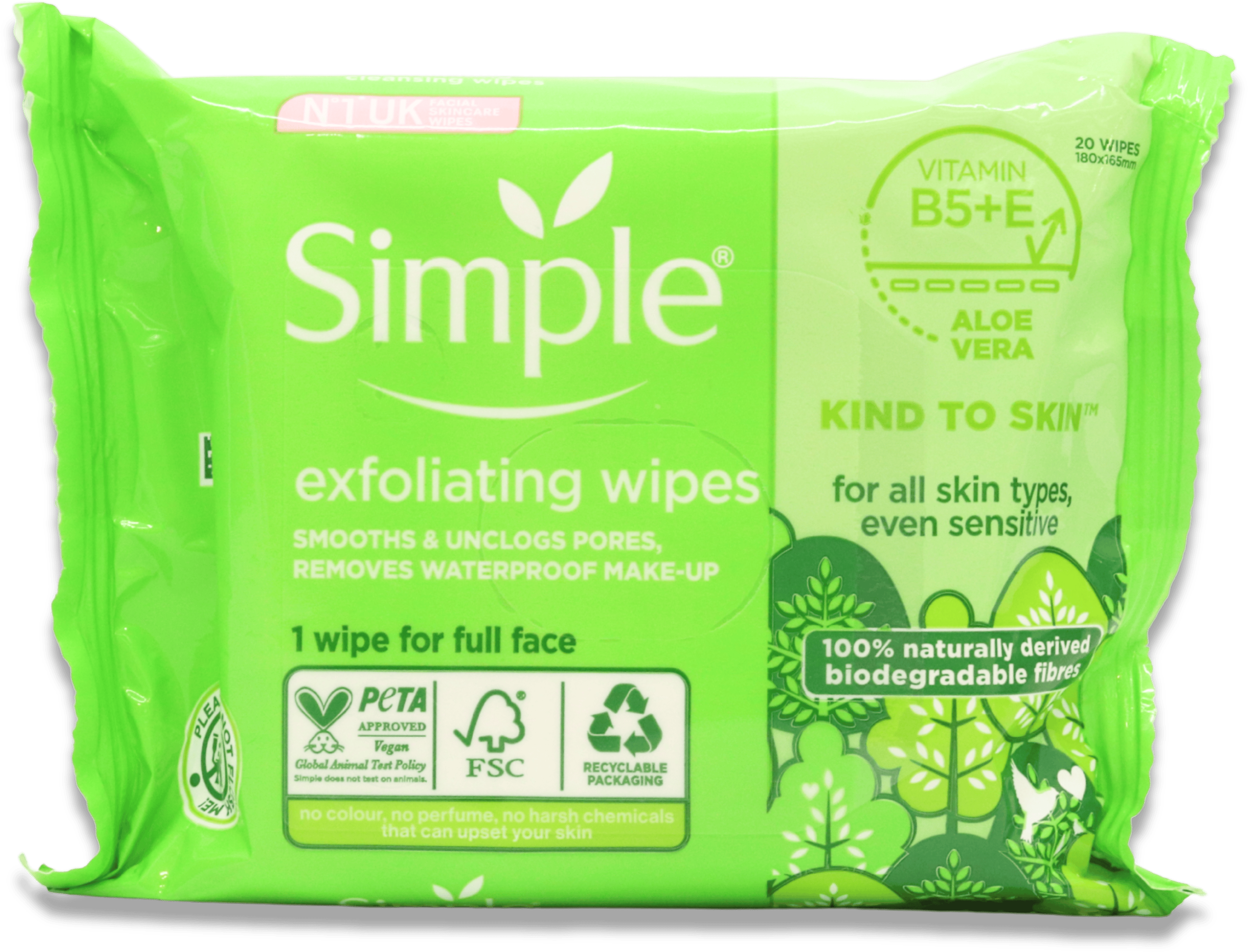 Simple Exfoliating Facial Wipes 20 Pack