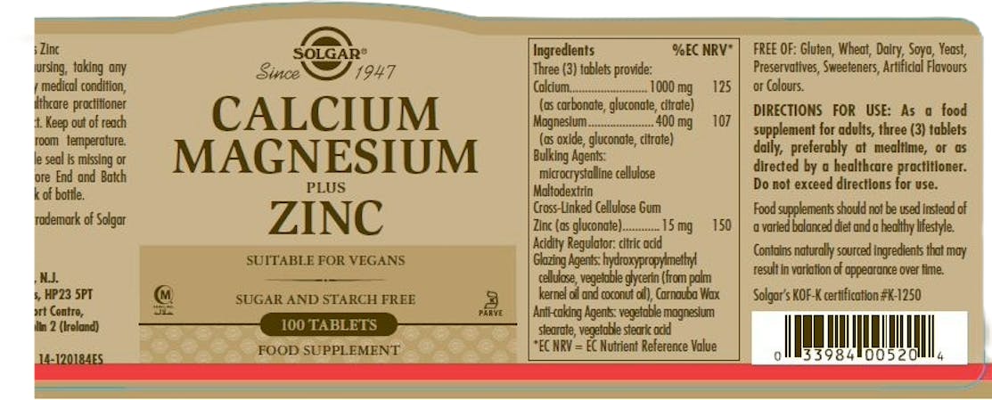 Solgar Calcium Magnesium Plus Zinc 100 Tablets - 2
