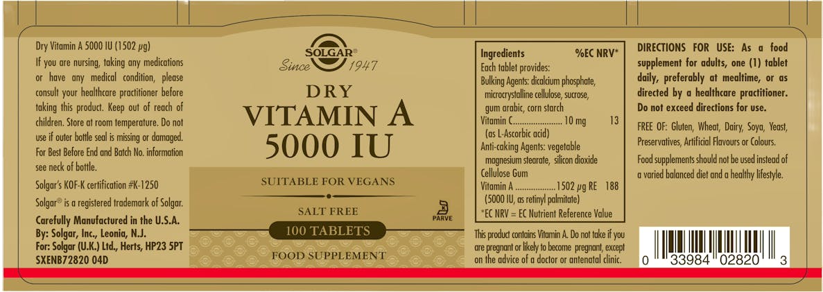 Solgar Dry Vitamin A 5000IU (1502μg) 100 Tablets - 2