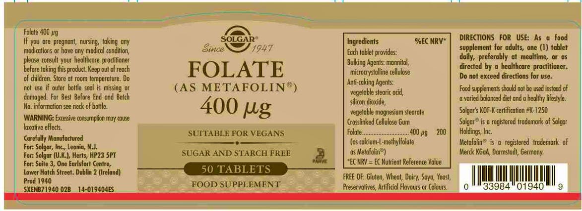 Solgar Folate 400mcg (As Metafolin) 50 Tablets - 2
