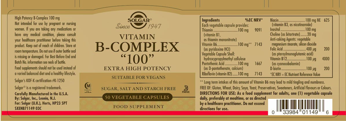 Solgar Formula Vitamin B-Complex "100" Extra High Potency 50 Capsules - 2