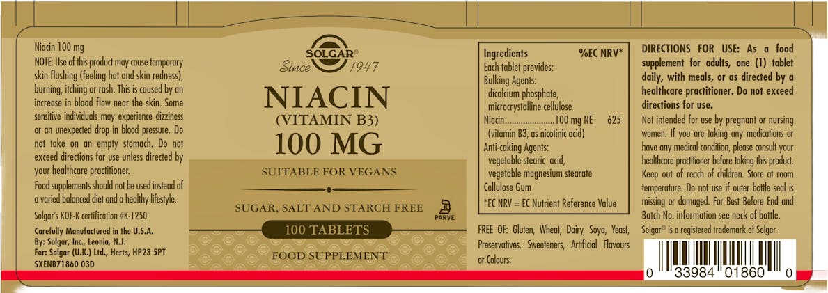 Solgar Niacin (Vitamin B3) 100mg 100 Tablets - 2