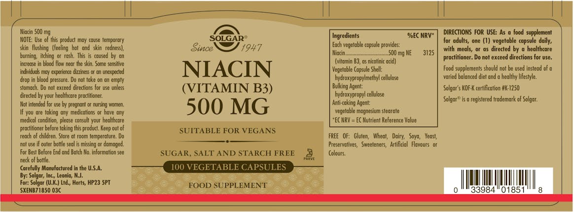 Solgar Niacin (Vitamin B3) 500mg 100 Capsules - 2