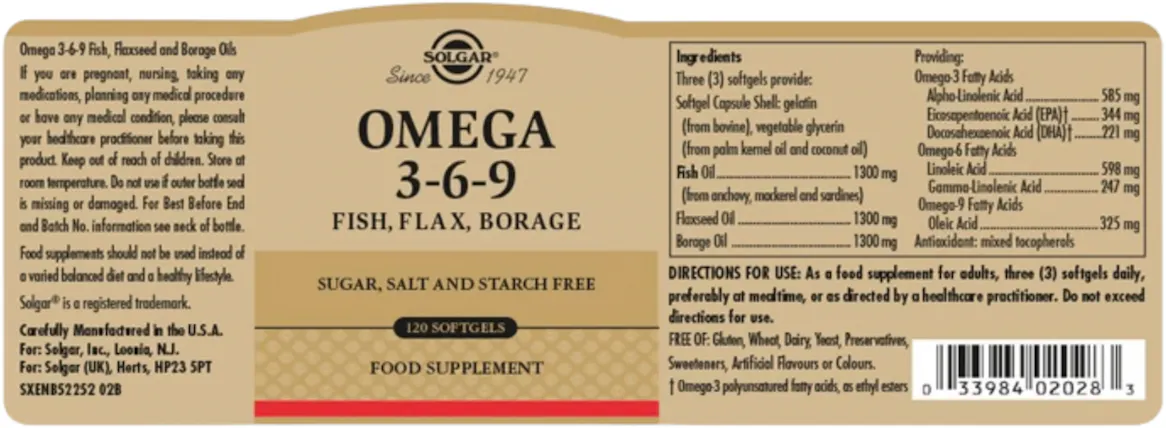 Solgar Omega 3-6-9 Fish, Flax, Borage 120 Softgels - 2