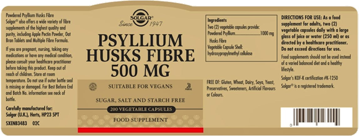 Solgar Psyllium Husks Fibre 500mg 200 Vegetable Capsules - 2