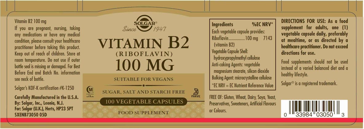 Solgar Vitamin B2 (Riboflavin) 100mg 100 Capsules - 2
