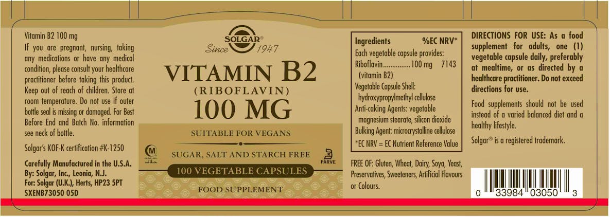 Solgar Vitamin B2 (Riboflavin) 100mg 100 Capsules - 2