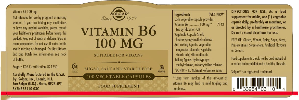 Solgar Vitamin B6 100mg 100 Capsules - 2