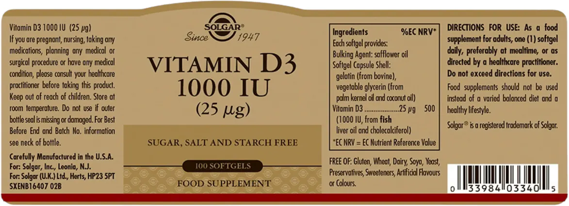 Solgar Vitamin D3 1000IU (25µg) 100 Softgels - 2