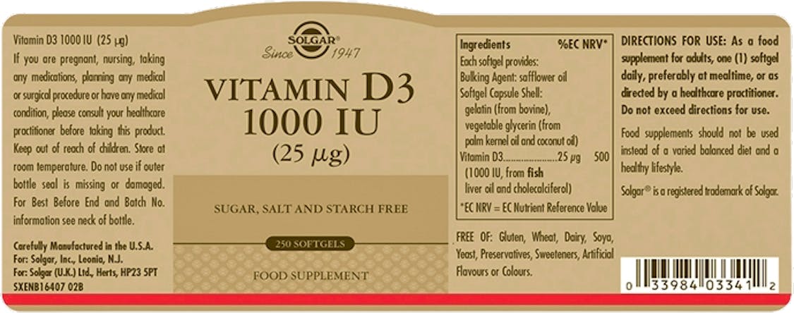 Solgar Vitamin D3 1000IU (25µg) 250 Softgels - 2