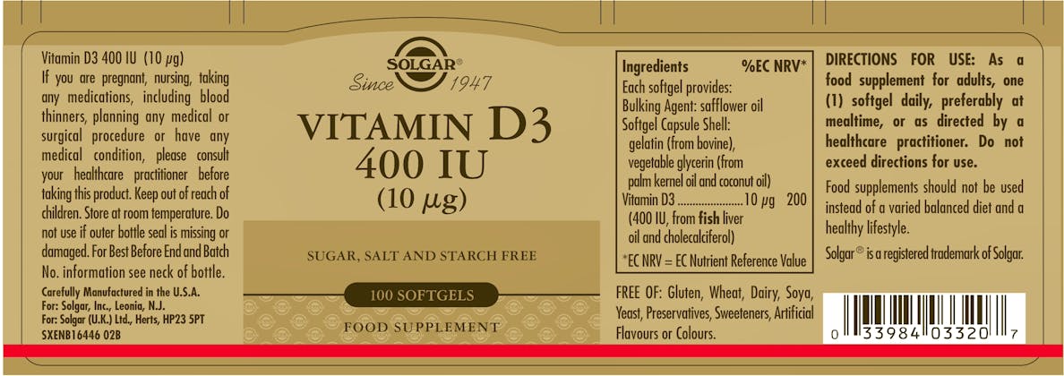 Solgar Vitamin D3 400IU (10μg) 100 Softgels - 2