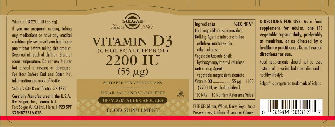 Solgar Vitamin D3 (Cholecalciferol) 2200IU (55µg) 100 Capsules - 2