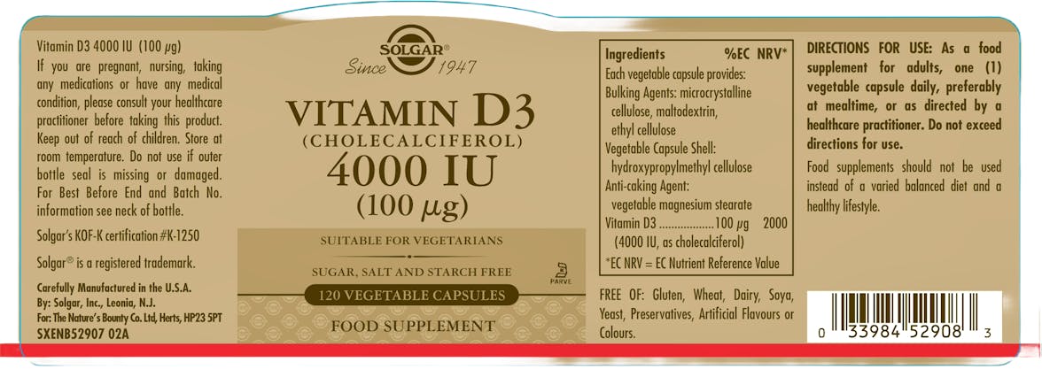 Solgar Vitamin D3 (Cholecalciferol) 4000IU (100µg) 120 Capsules - 2