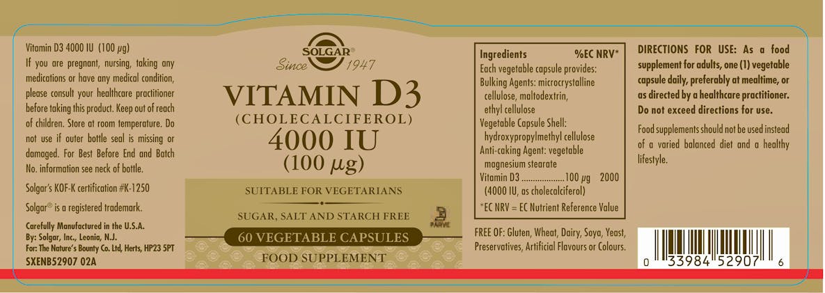 Solgar Vitamin D3 (Cholecalciferol) 4000IU (100µg) 60 Vegetable Capsules - 2