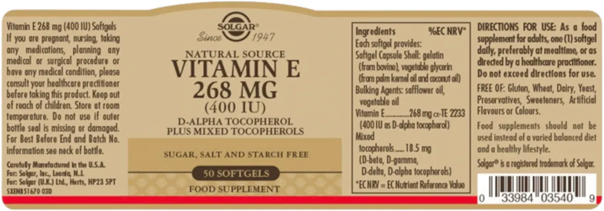 Solgar Vitamin E 268 mg (400 IU) 50 Softgels - 2