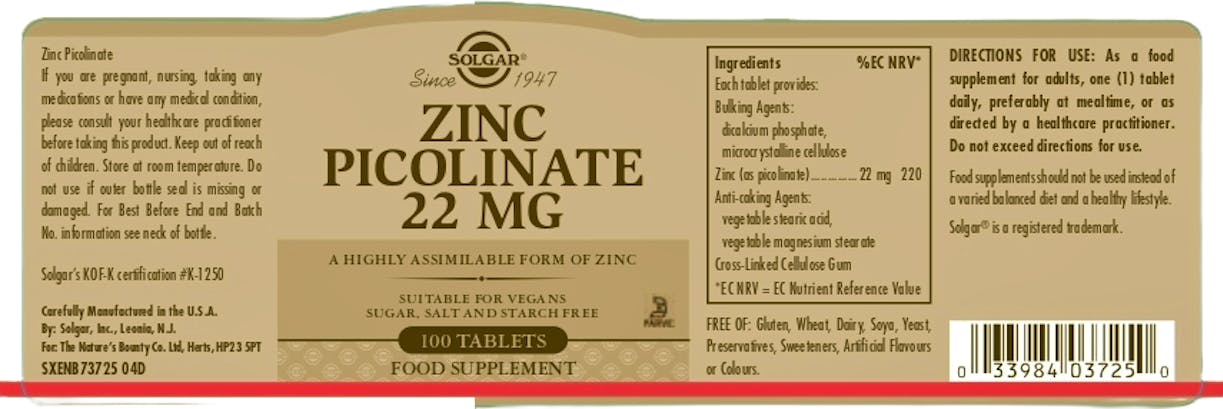 Solgar Zinc Picolinate 22mg 100 Tablets - 2